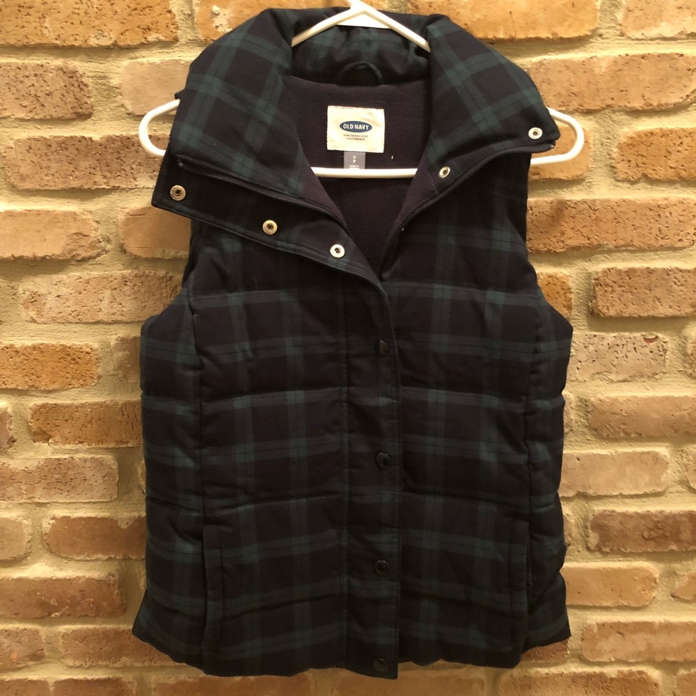 Old navy vest - navy blue and green plaid puffer